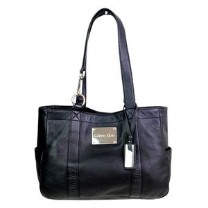 ROOMY Calvin Klein BLACK REAL LEATHER LOGO SHOULDER BAG HANDBAG TOTE HOBO PURSE